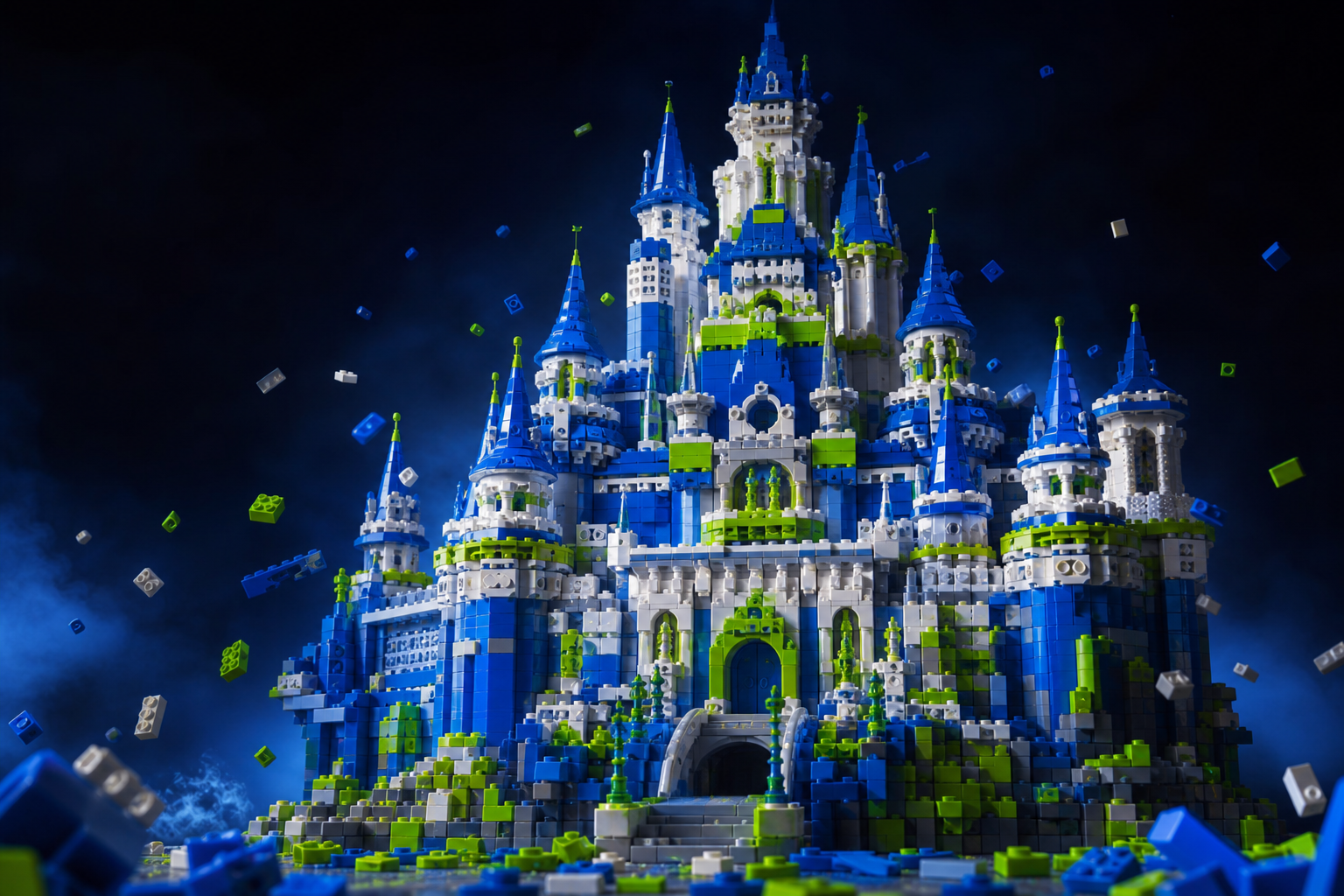 Majestic fantasy castle built entirely from blue, white and neon green toy bricks with floating pieces