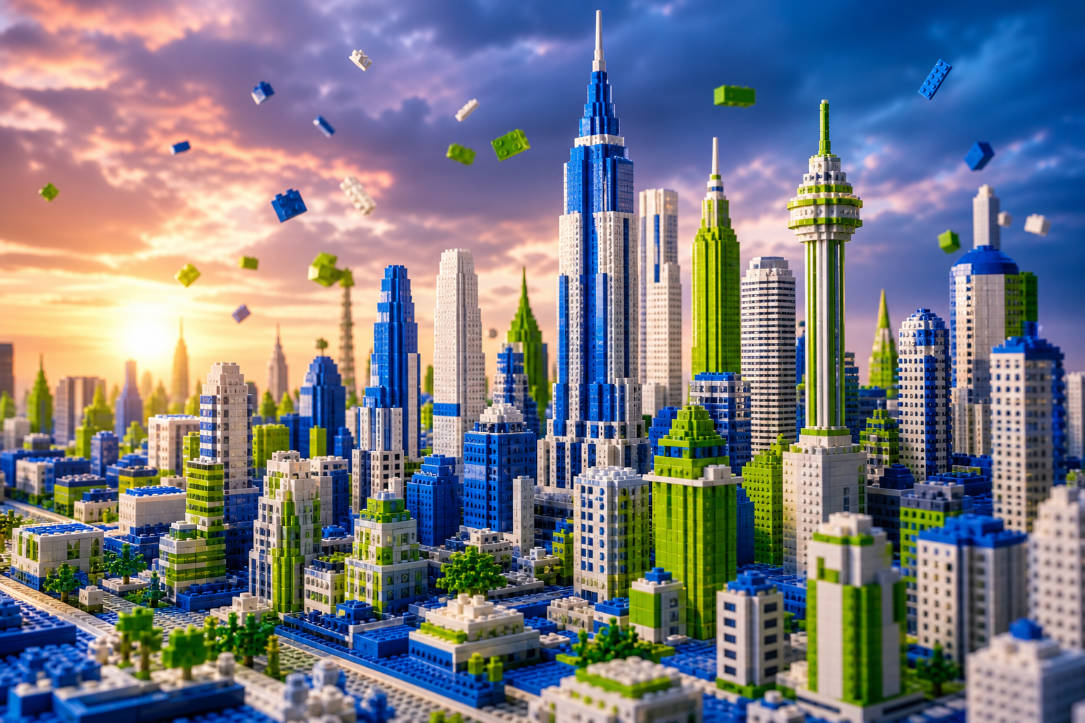 Imaginary modern city skyline built entirely from blue, white and neon green toy bricks at sunset