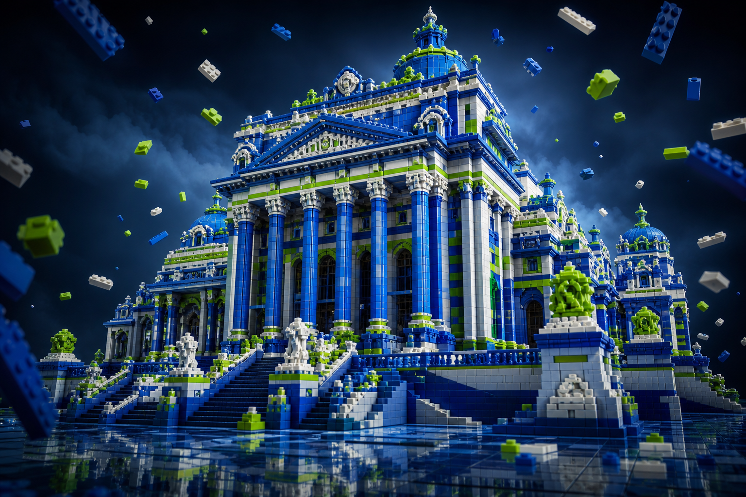 Grand classical museum building built entirely from blue, white and neon green toy bricks with floating pieces